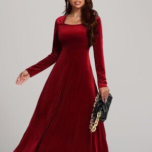 Square Neck Long Sleeve Velvet Dress